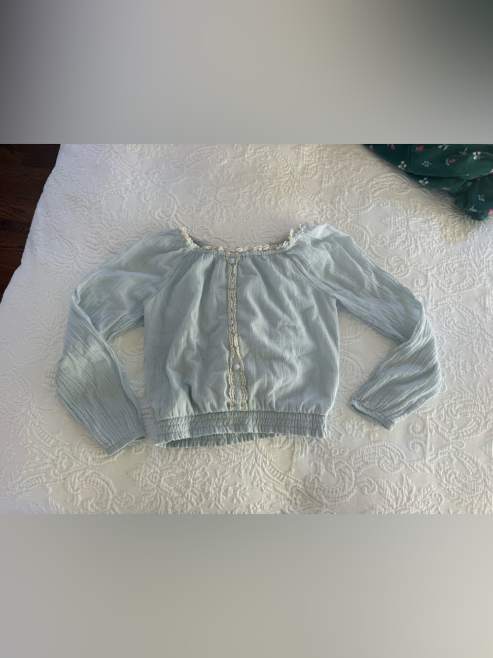 Girls Light Blue Peasant Blouse with Lace Trim